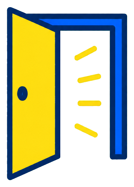 Yellow open doorway outlined in blue with four short rays inside the opening