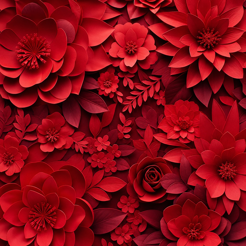 Red paper-cut floral pattern with layered blossoms and decorative ornamental shapes.