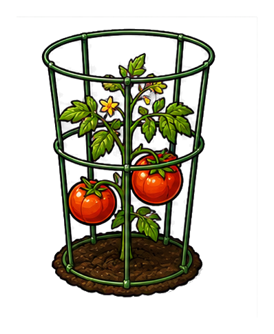 A tomato plant growing inside a green garden cage with ripe red tomatoes.