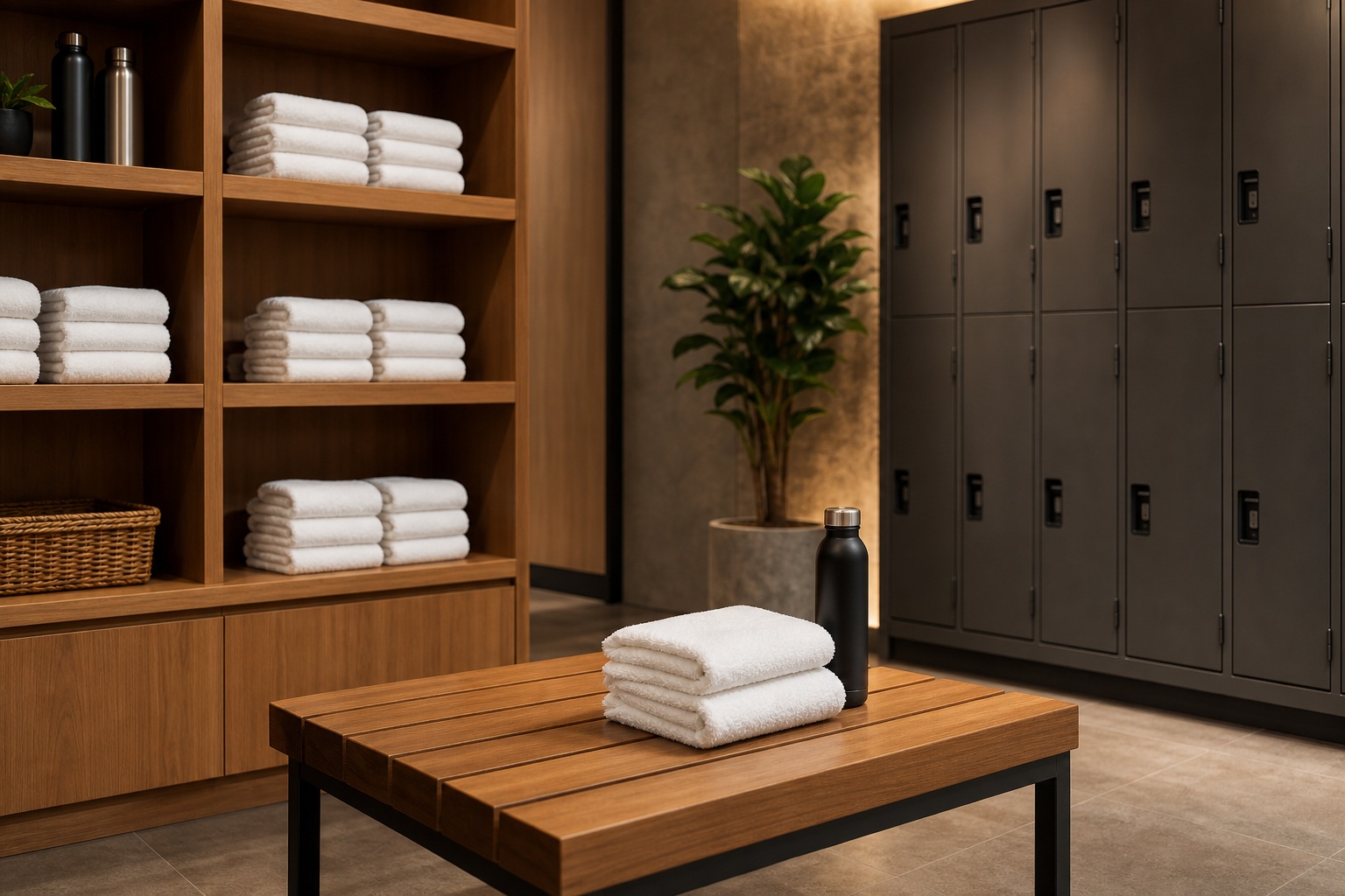 Wooden bench with folded towels in a modern locker room with shelves and lockers.