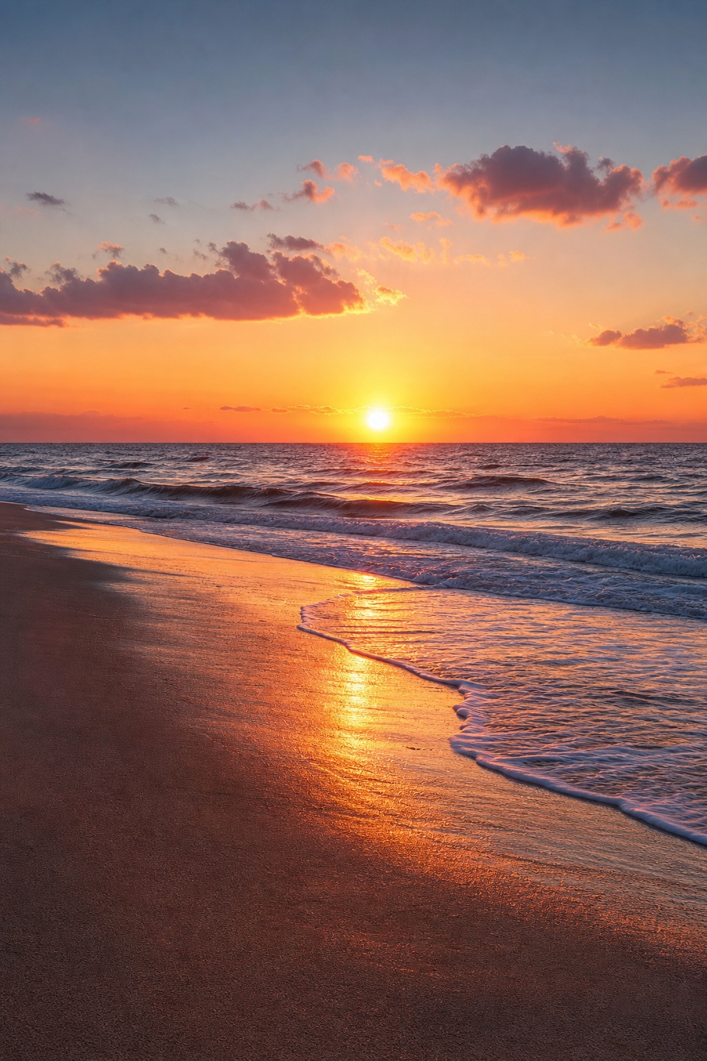 Sunset over ocean waves with a glowing shoreline and colorful clouds.