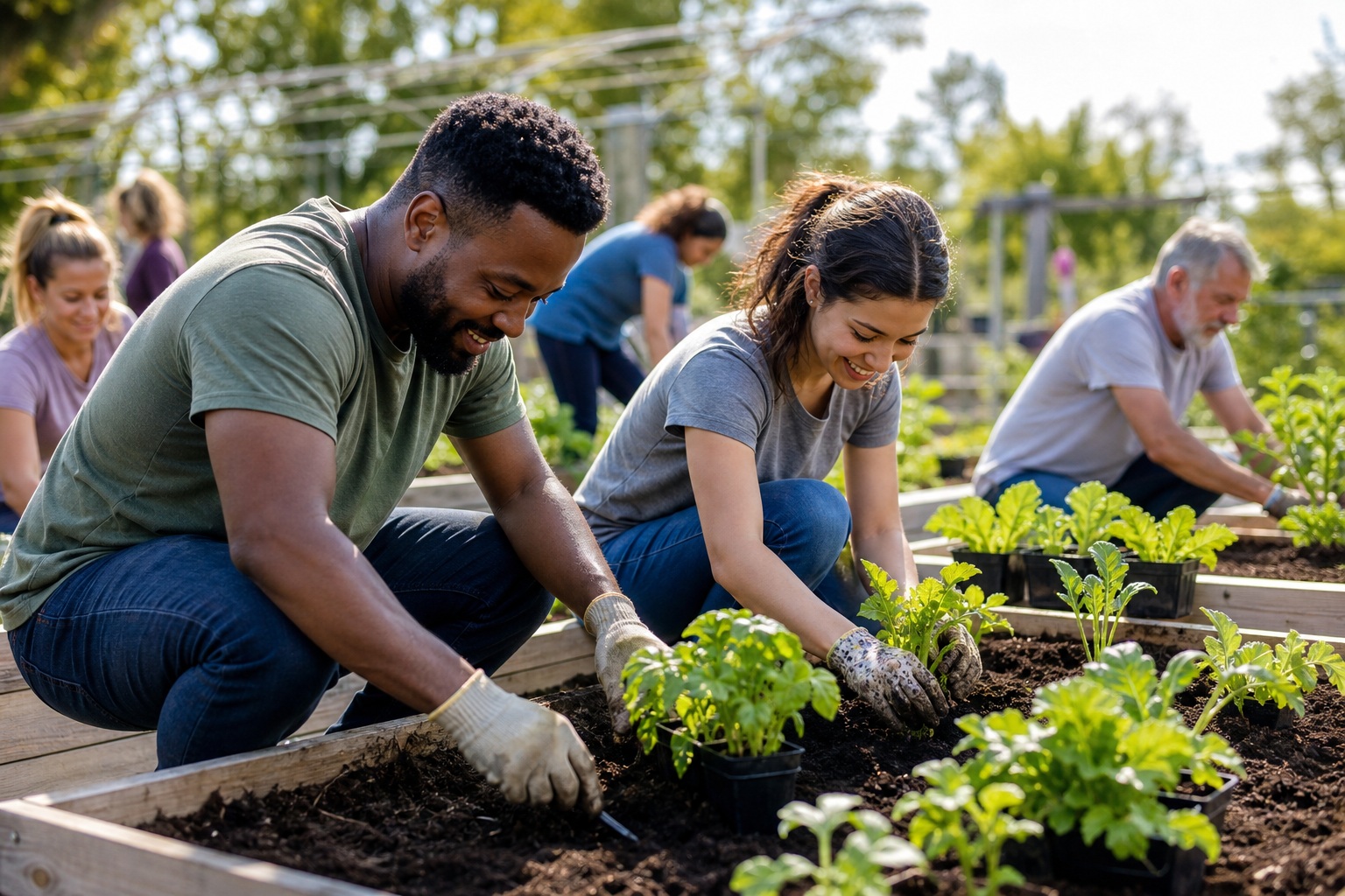 Volunteers planting seedlings in raised garden beds outdoors