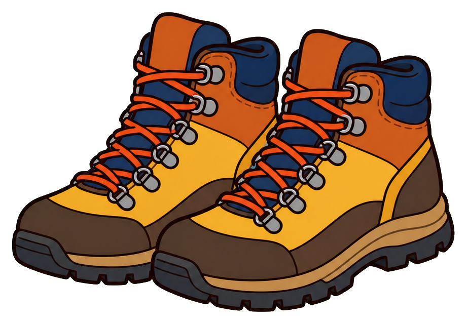A pair of brown and orange hiking boots with black laces and soles.
