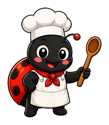 Cute ladybug dressed as a chef holding a wooden spoon.