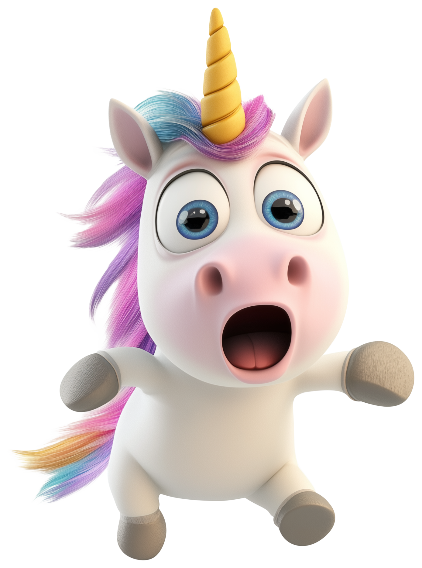 Surprised cartoon unicorn with a rainbow mane, tail, and golden horn