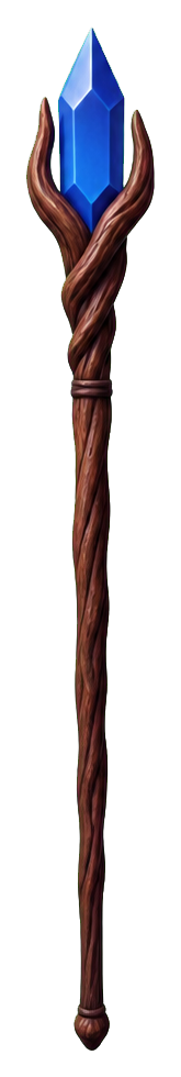 A plain wooden wizard staff topped with a blue crystal.