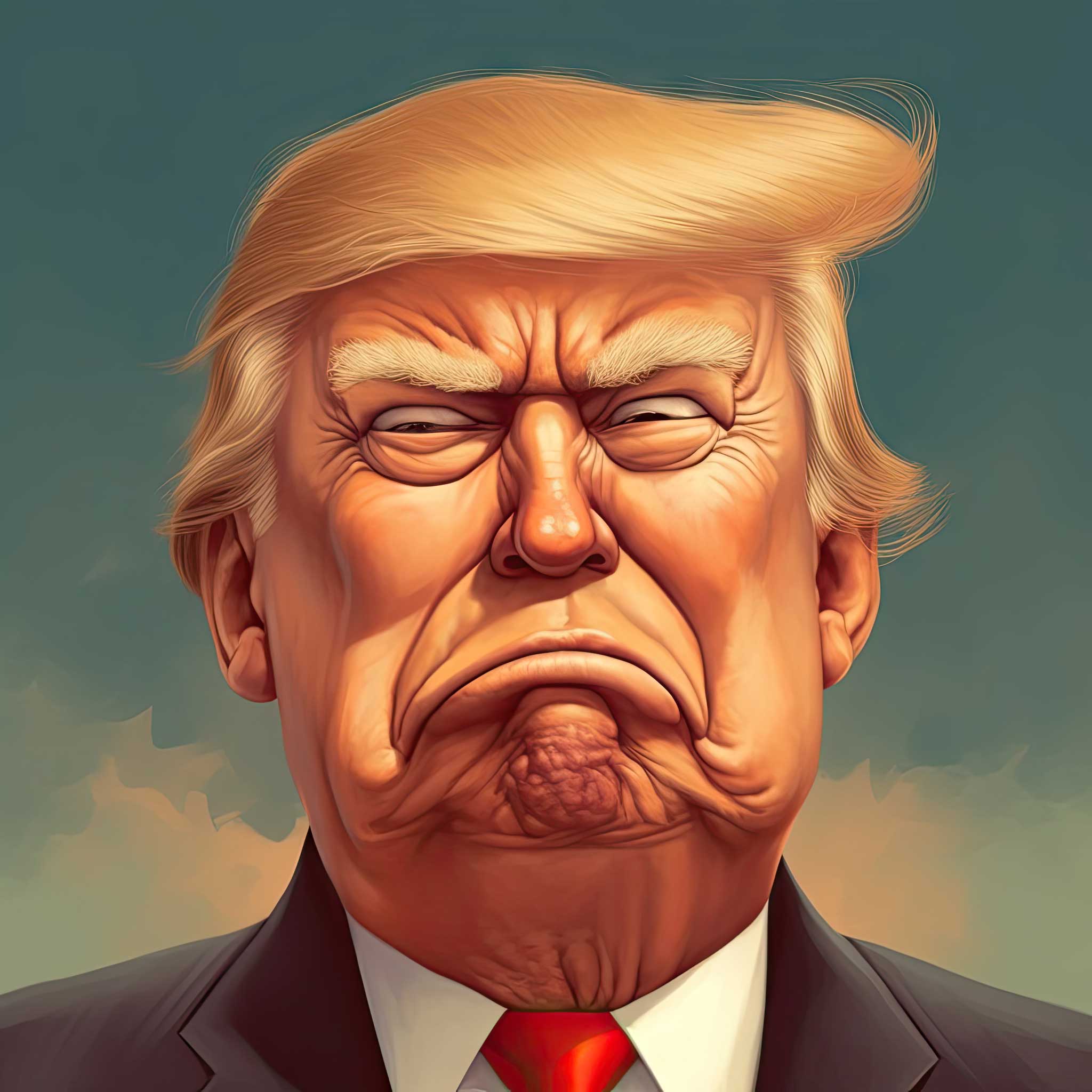 Caricature portrait of Donald Trump with a stern expression on a muted background.