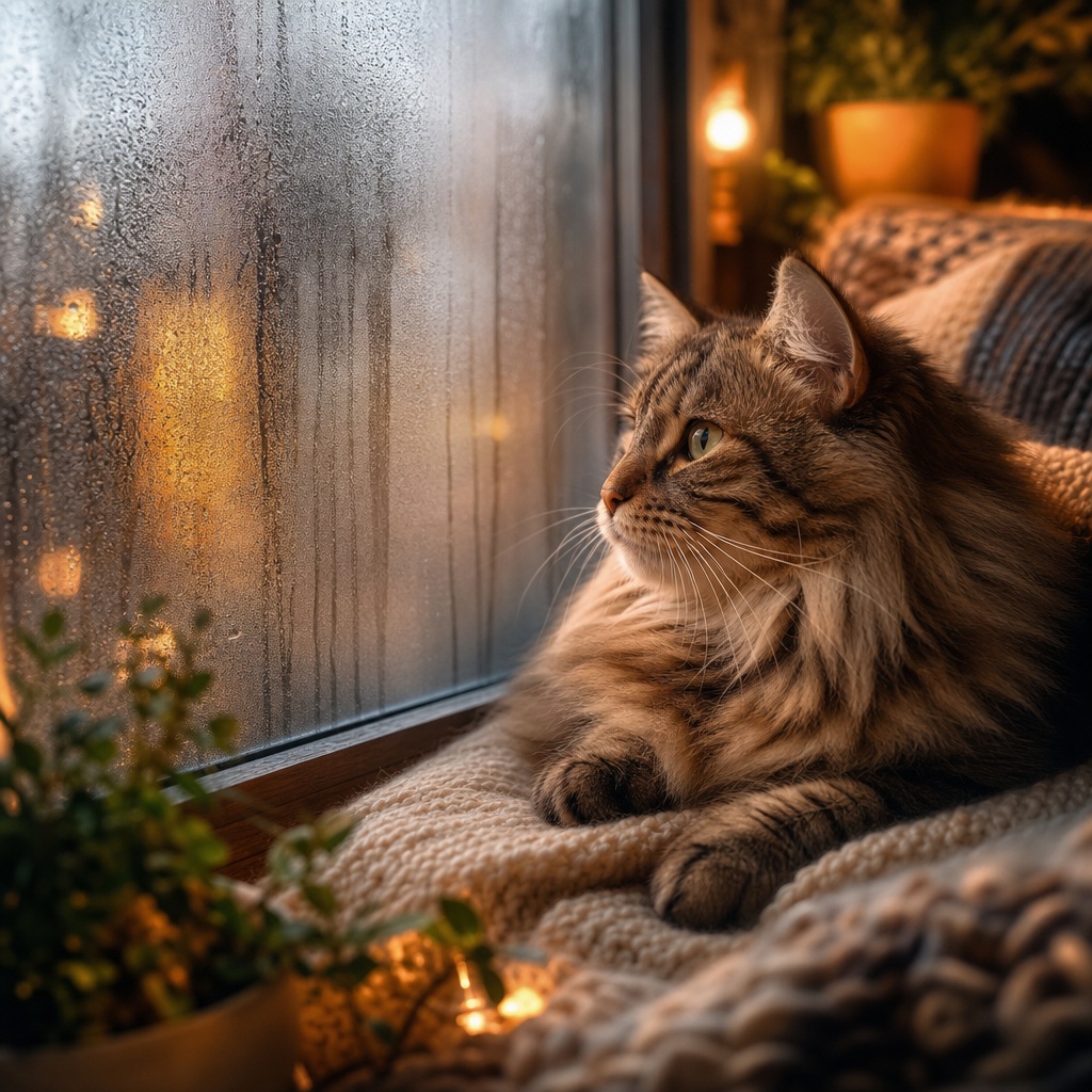 Fluffy cat resting by a fogged window with warm light and soft blankets