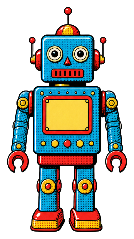 Colorful halftone toy robot with blue body, red accents, and yellow chest panel