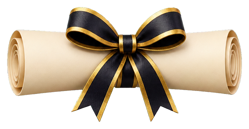 Rolled diploma tied with a black and gold ribbon