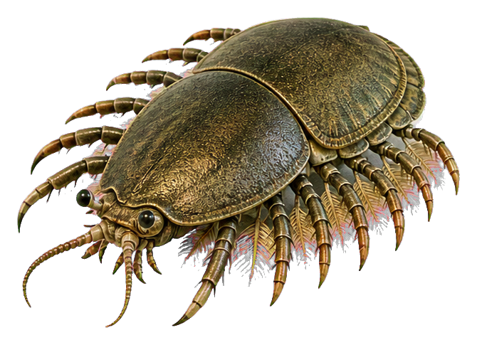 Illustrated soft-shield naraoia arthropod shown in profile with a rounded brown body and many legs.