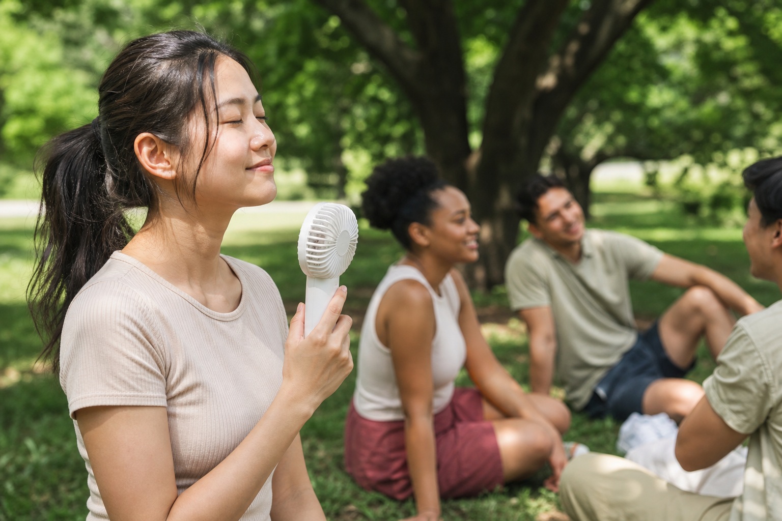 Group of people outdoors in summer, with one woman holding a portable fan and smiling.