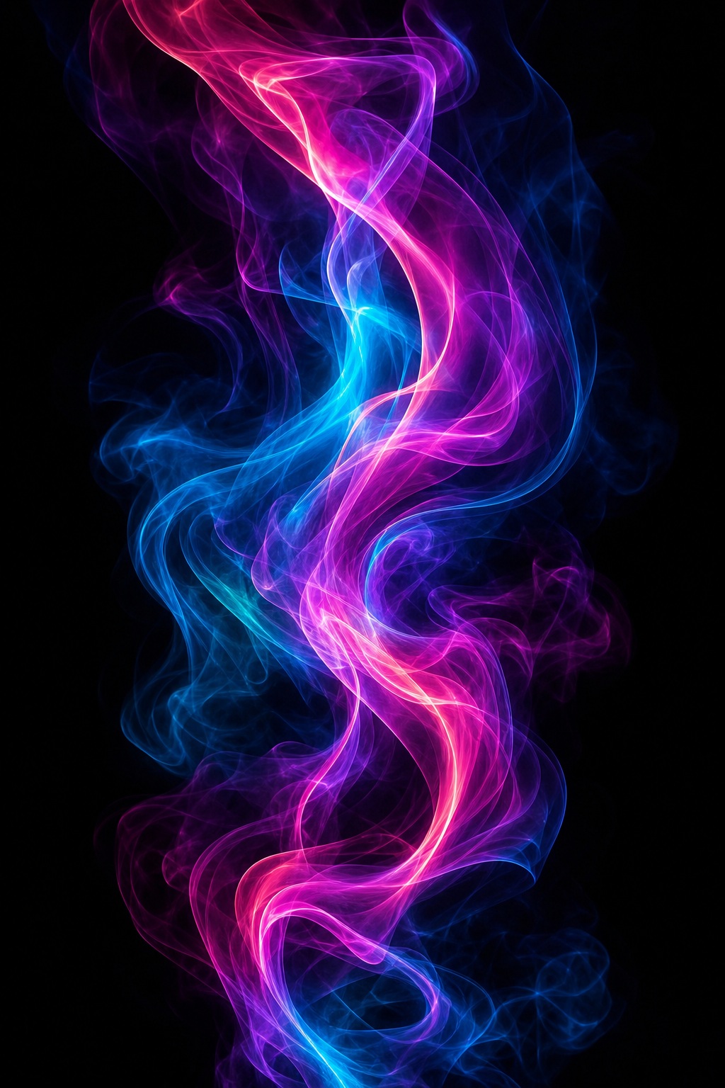 Vertical ribbon of pink, blue, and purple neon smoke-like light trails on black