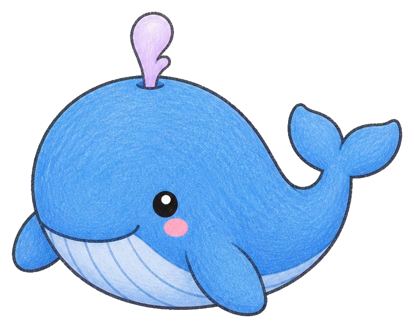 Cute blue whale with a water spout and smiling face