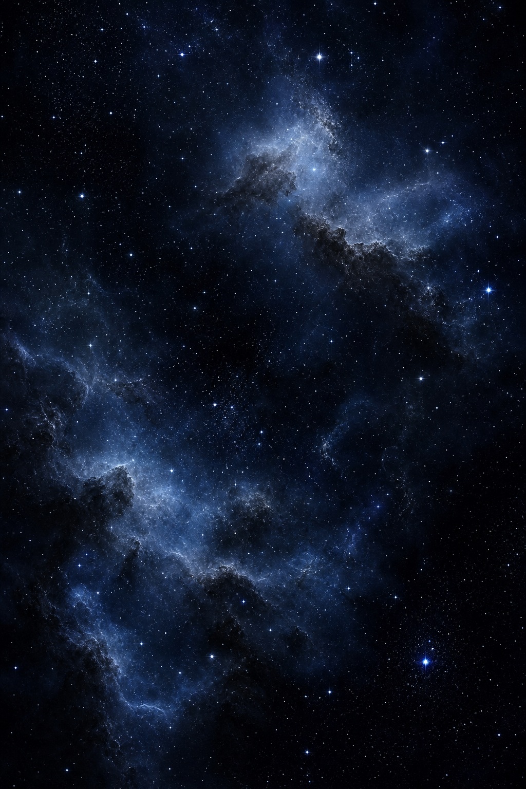 Vertical dark galaxy with blue nebula clouds and scattered stars on a black background
