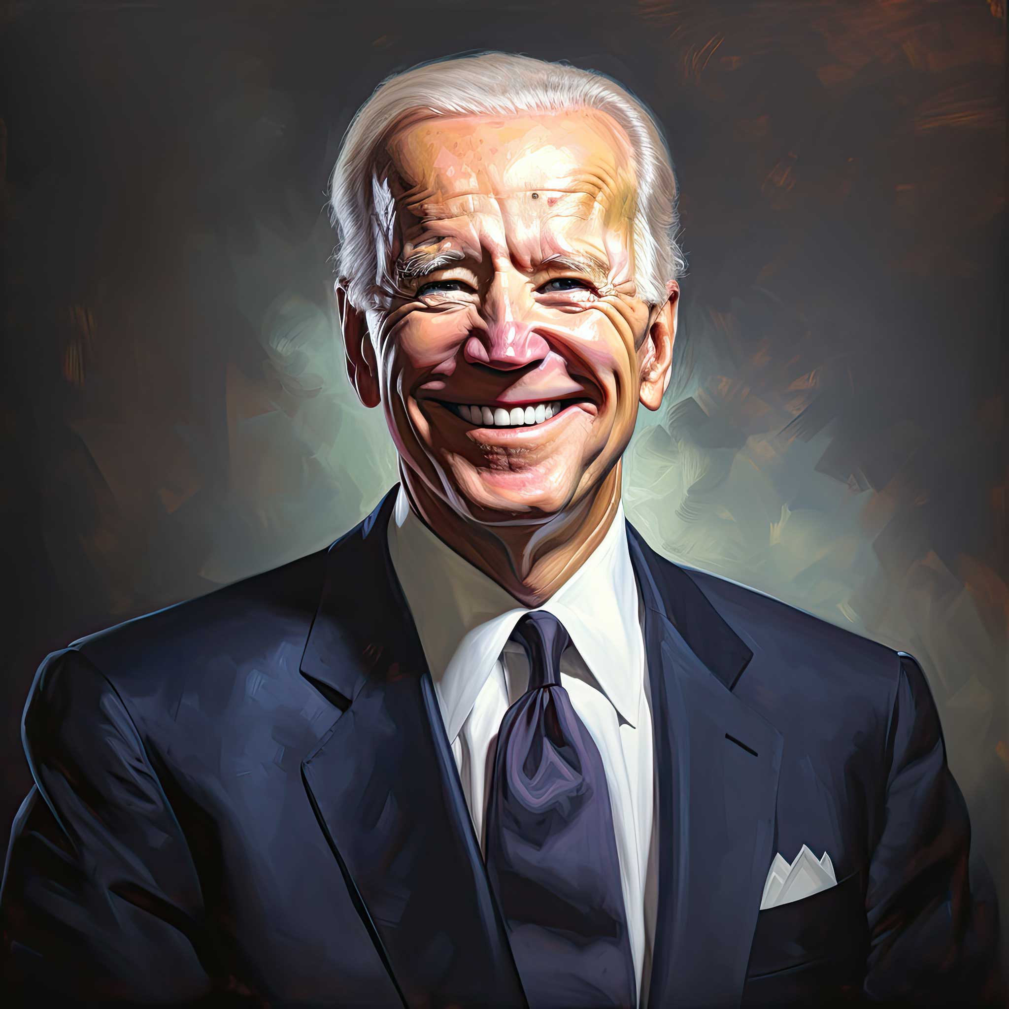 A smiling portrait of Joe Biden in a dark suit and tie.
