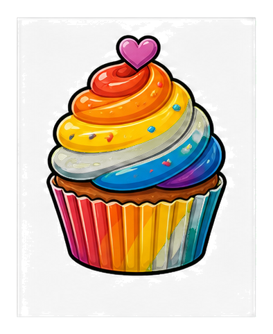 Colorful rainbow cupcake sticker with pink heart topper and striped wrapper