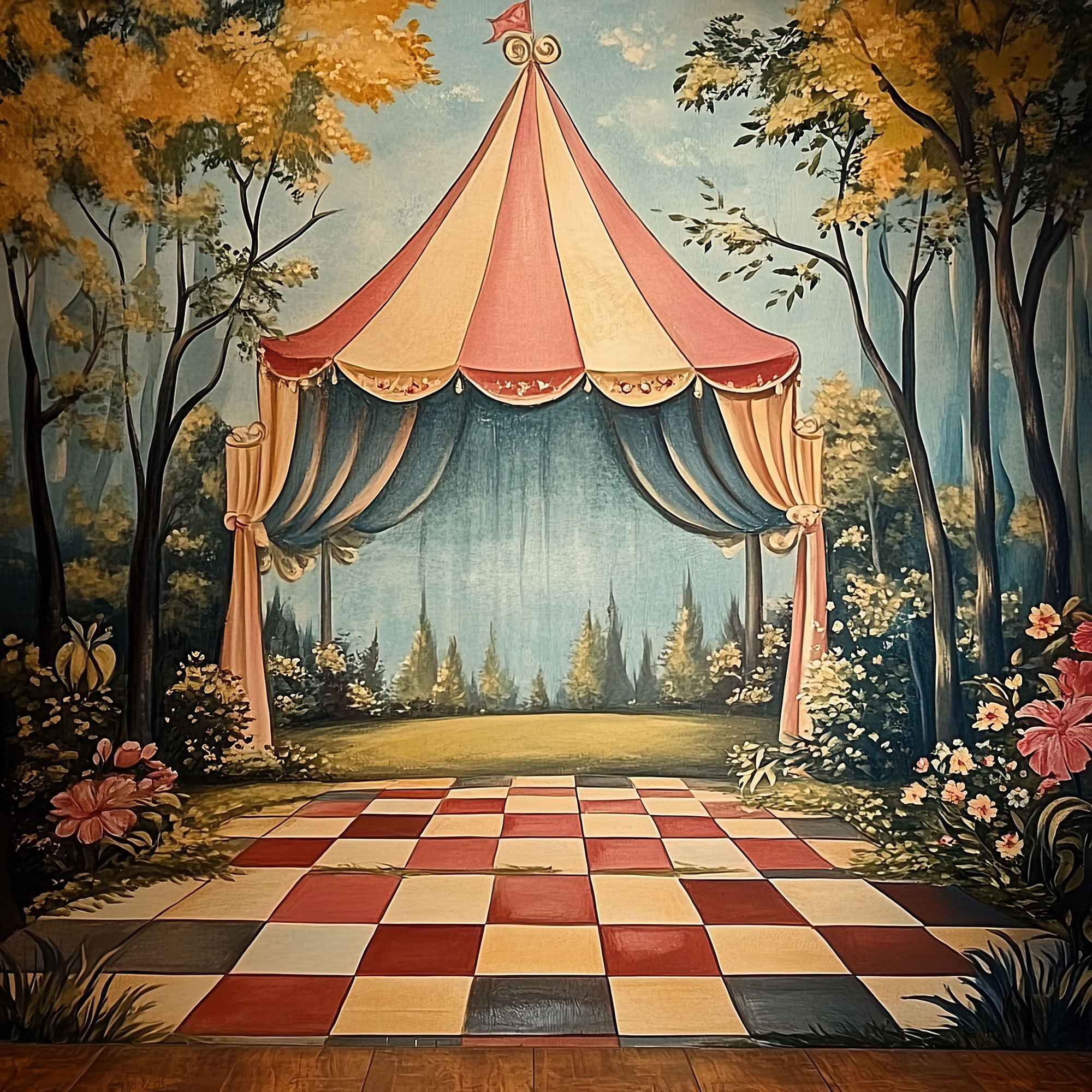 Preview for Whimsical-circus-tent-forest-glade-interior-backdrop-background-95570