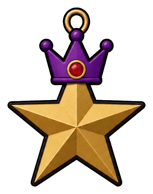 Gold star emblem topped with a purple crown and red jewel detail