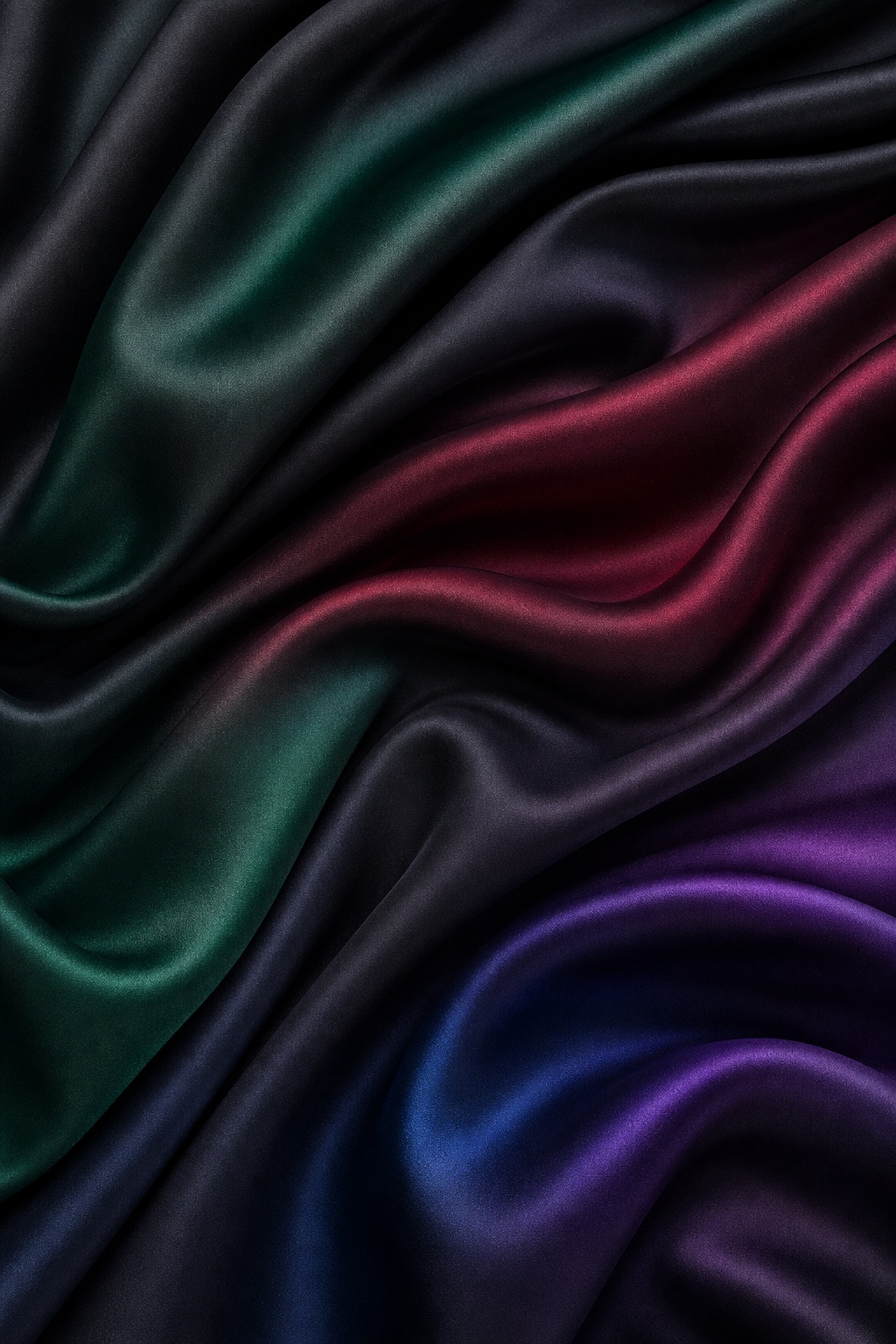 Dark satin fabric with flowing folds in teal, magenta, purple, and blue