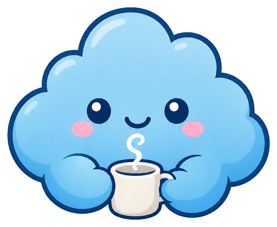 Cute blue cloud holding a steaming cocoa mug with rosy cheeks and a smiling face