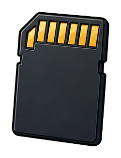 A blank black memory card with gold contact bars at the top.