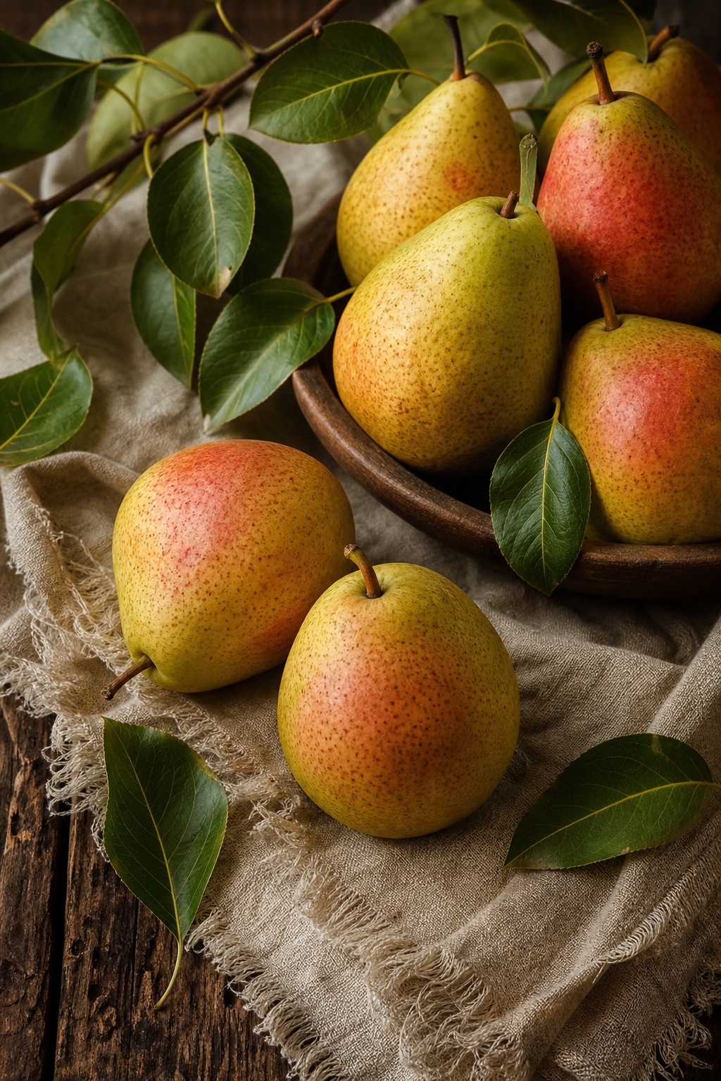 Ripe pears with green leaves in a rustic bowl on burlap fabric.