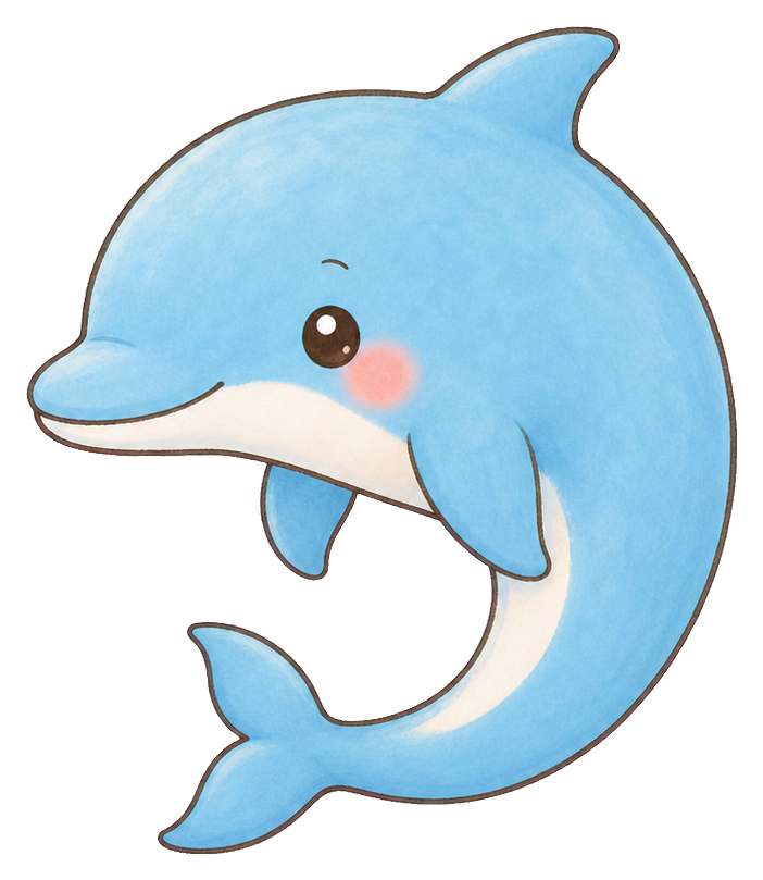 Pastel blue smiling dolphin sticker with a cute kawaii style and pink cheeks