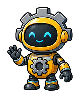 Cute smiling robot with gears on its chest and head, waving one hand.