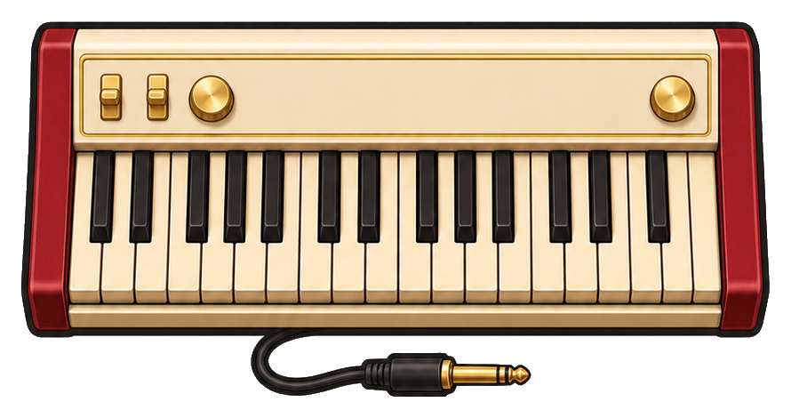 Retro keyboard sticker with cream keys, red casing, and a cable plug