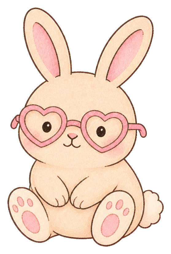 Cute rabbit wearing pink heart-shaped glasses and sitting upright