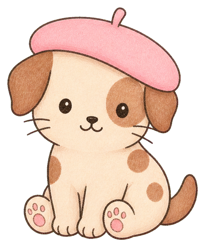 Cute spotted puppy wearing a pink beret and sitting with a smiling face