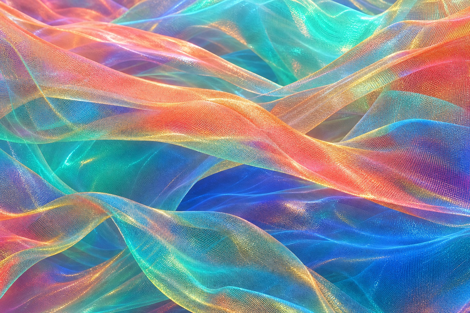 Abstract coral turquoise flowing mesh folds with iridescent layered texture