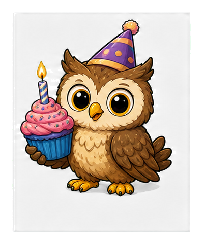 Cute owl wearing a party hat beside a frosted cupcake with a candle.