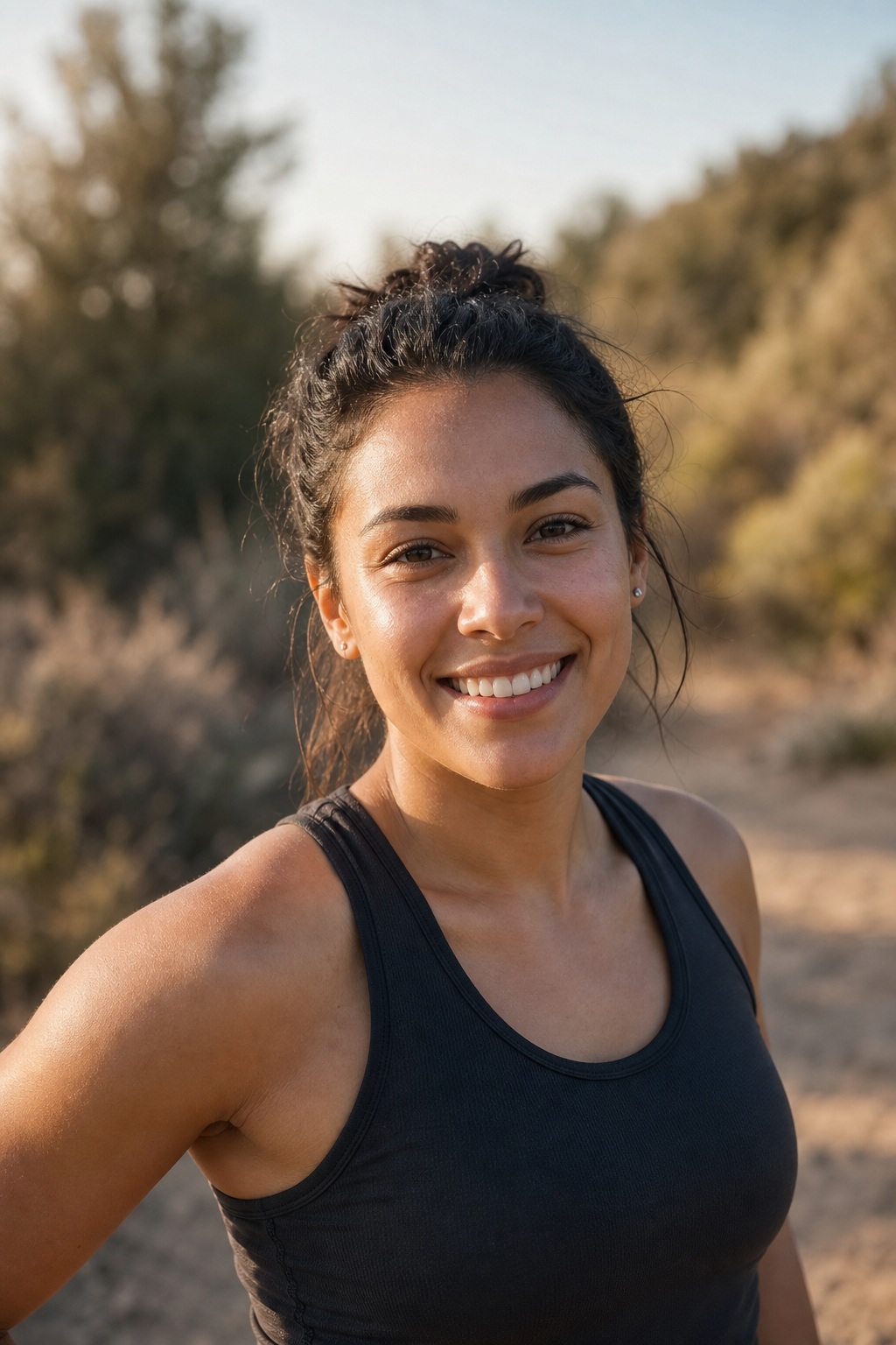Smiling woman in a black tank top standing outdoors on a sunny path.
