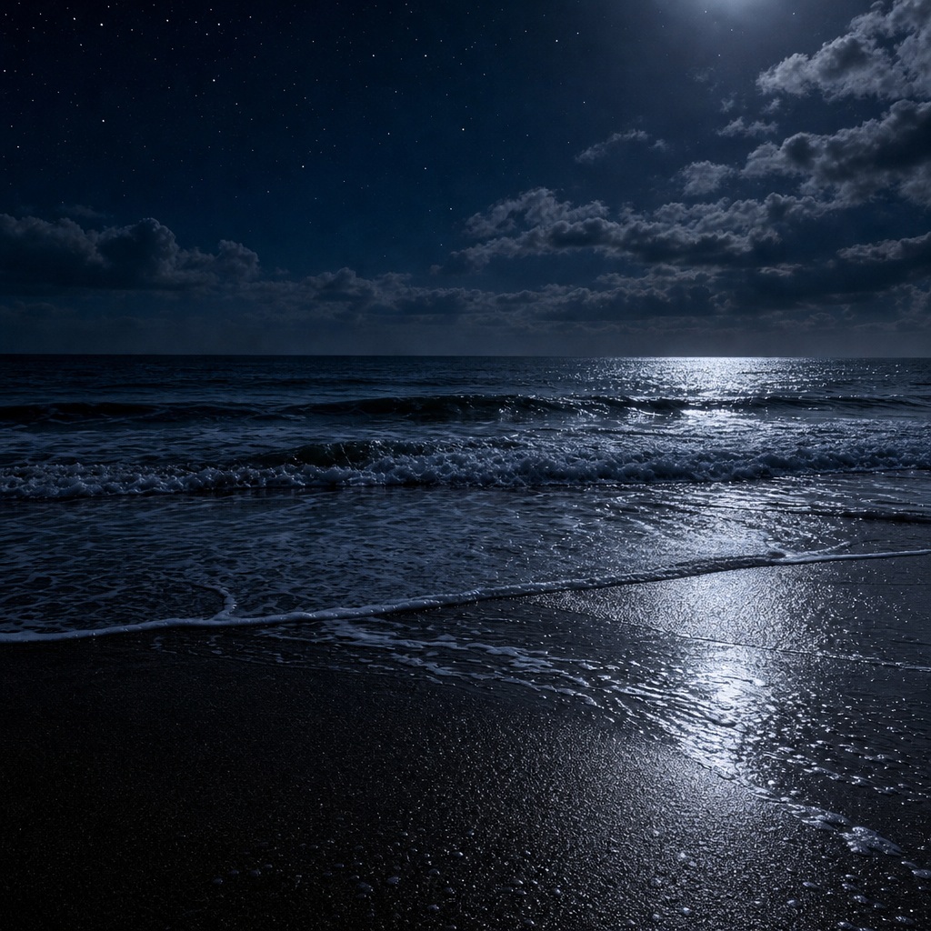Moonlit ocean waves washing over dark black sand under a cloudy night sky.