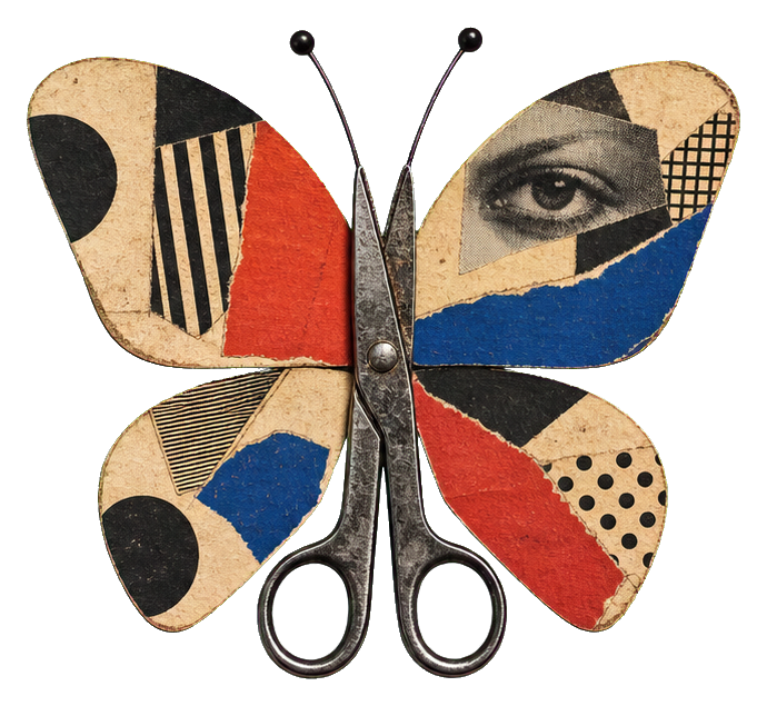 Scissors shaped like a butterfly with vintage collage wings in beige, red, blue, and black.