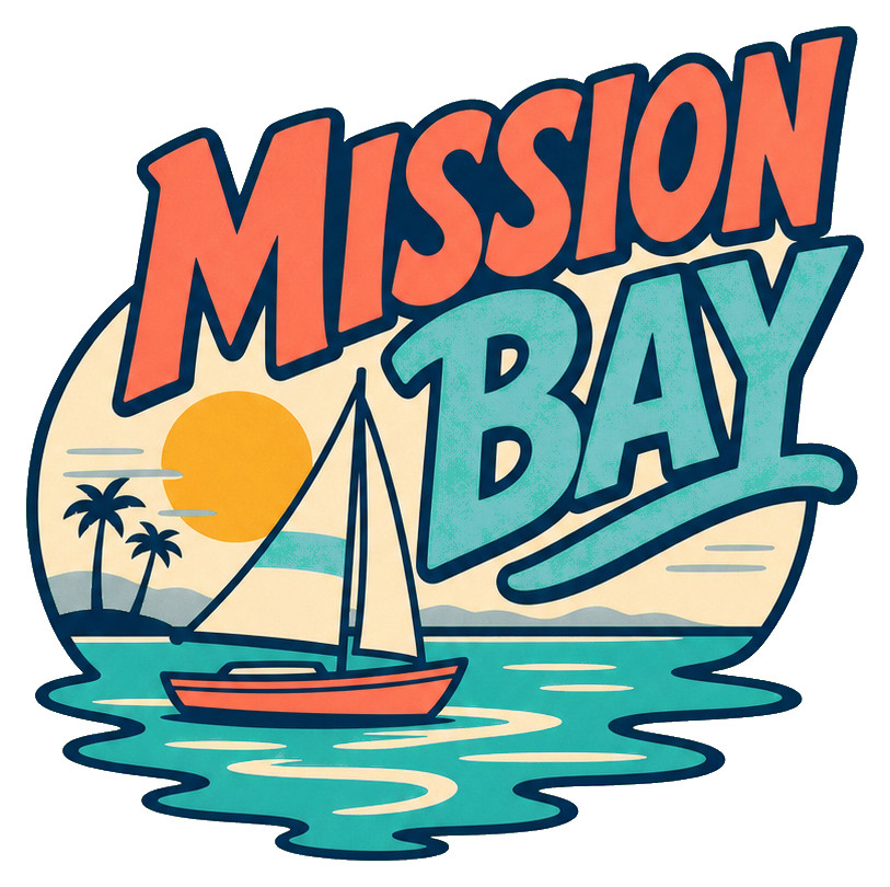 Retro Mission Bay text with a sailboat, sun, palm trees, and waves.