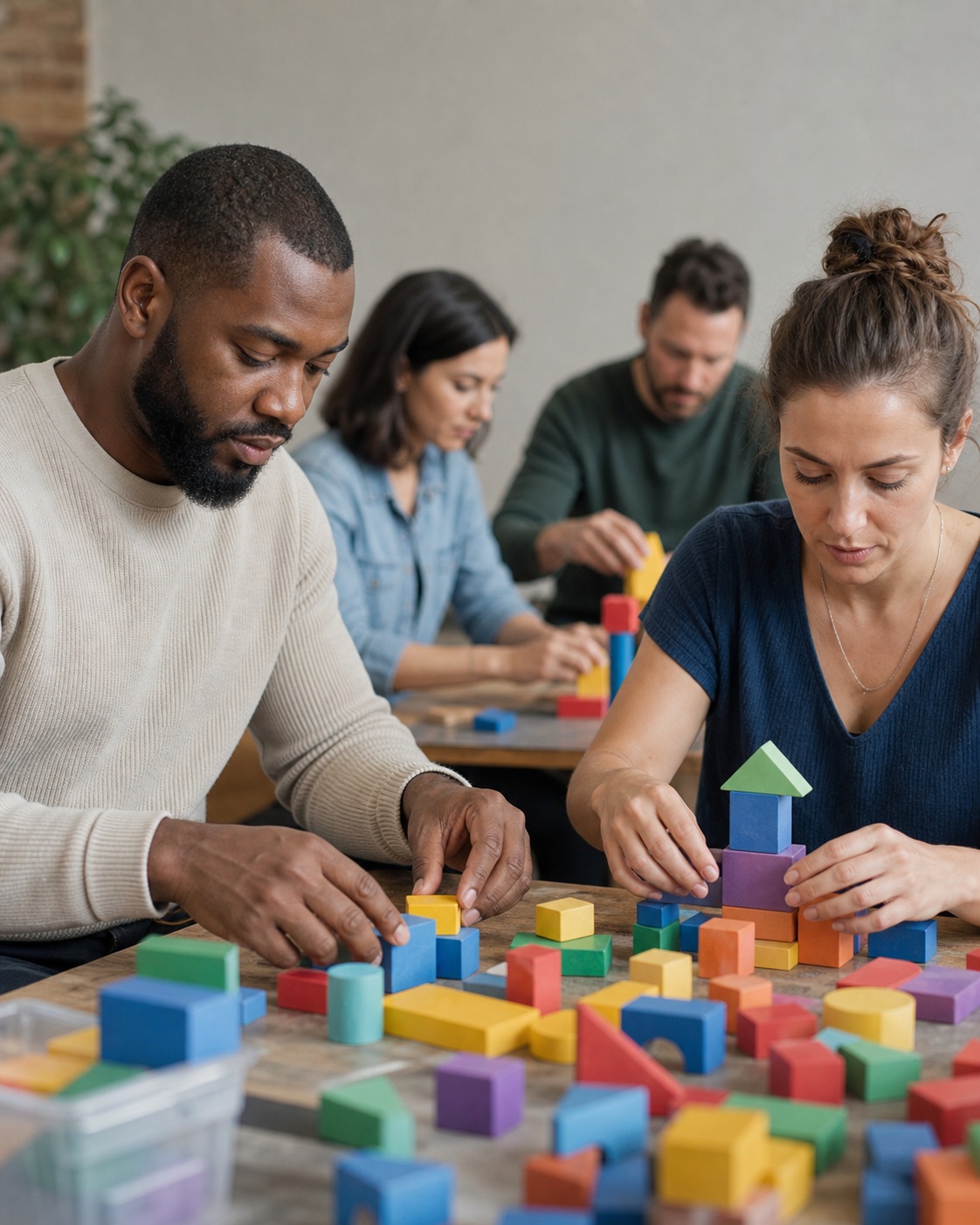 Four people arranging colorful blocks on a table in a collaborative workspace