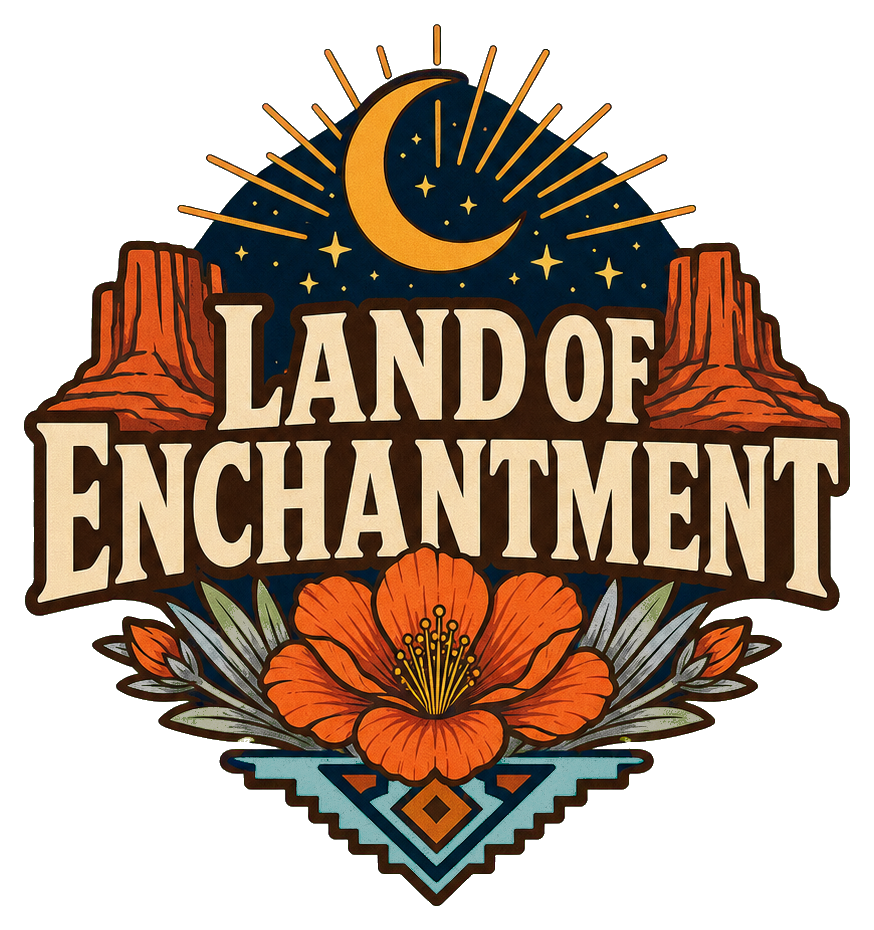 Retro Land of Enchantment text with a flower and crescent moon badge