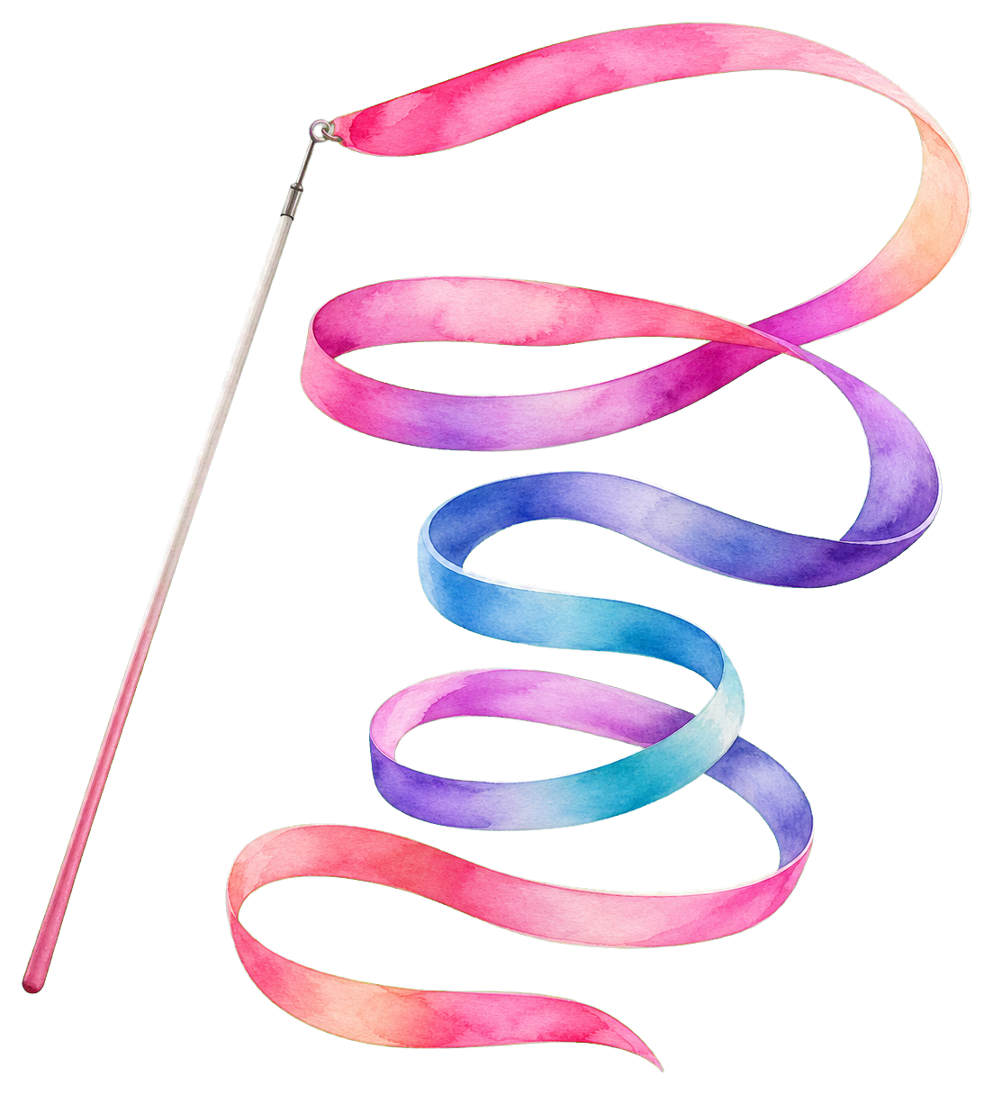 Colorful ribbon wand sticker with a pink handle and flowing rainbow ribbon