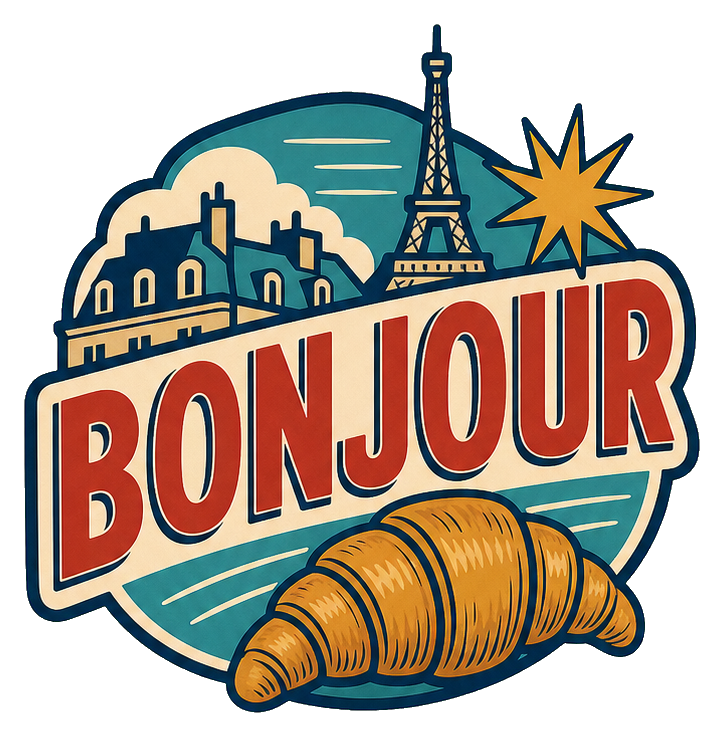 Retro Paris sticker with Bonjour text, croissant, Eiffel Tower, and starburst graphic