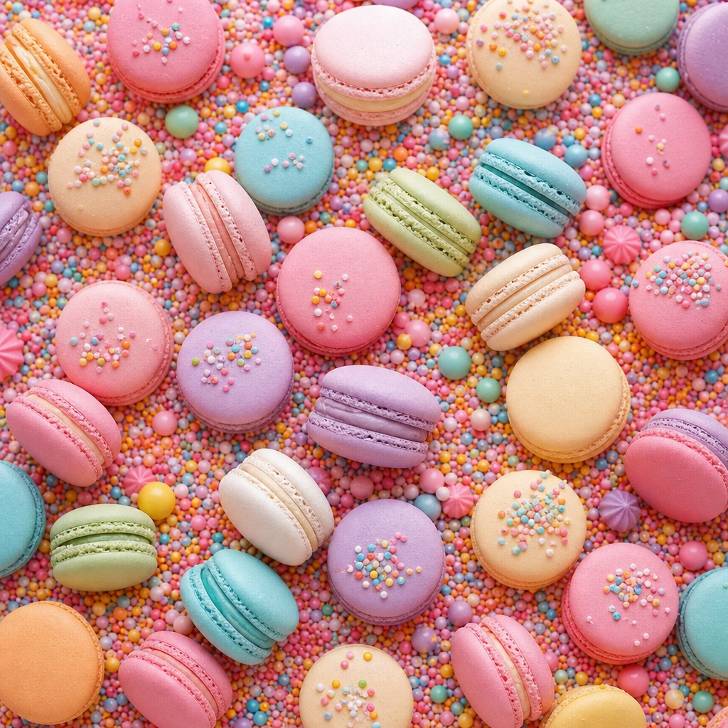 Colorful macarons with sprinkles scattered across a pink dessert background