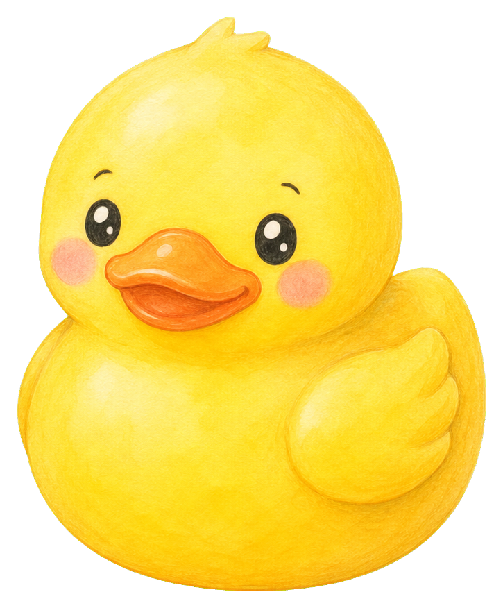 Cute yellow rubber duck with orange beak and rosy cheeks