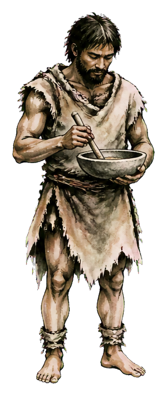 Bearded prehistoric man in a tunic stirring a bowl with a pestle.