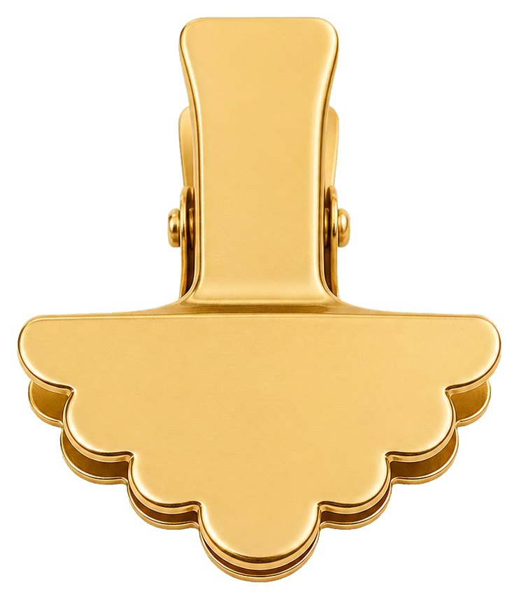 Shiny gold metal napkin clip with a rounded decorative shape