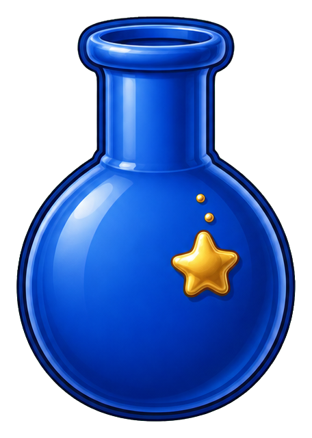 Blue science beaker sticker with a small gold star on the front