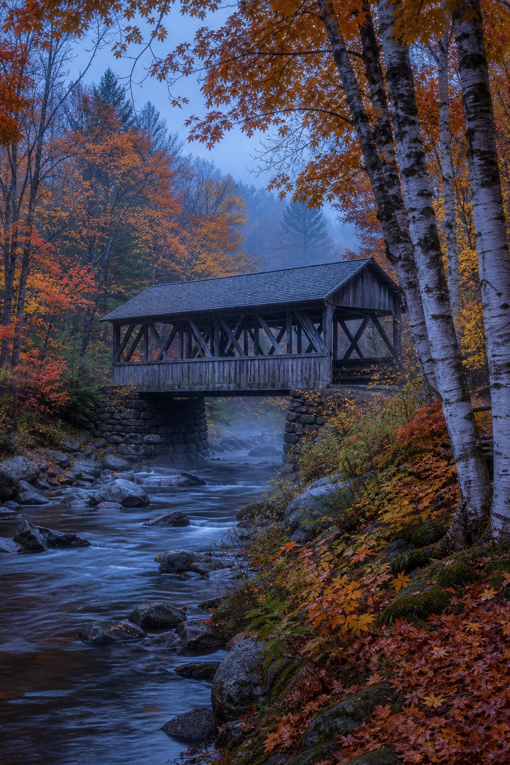 Covered bridge over a rocky stream surrounded by autumn trees and mist at twilight.
