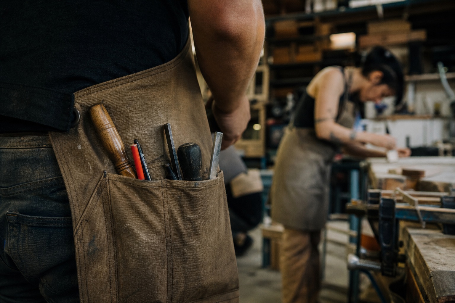 Apron pocket filled with tools in a busy makers workshop with people working in the background.