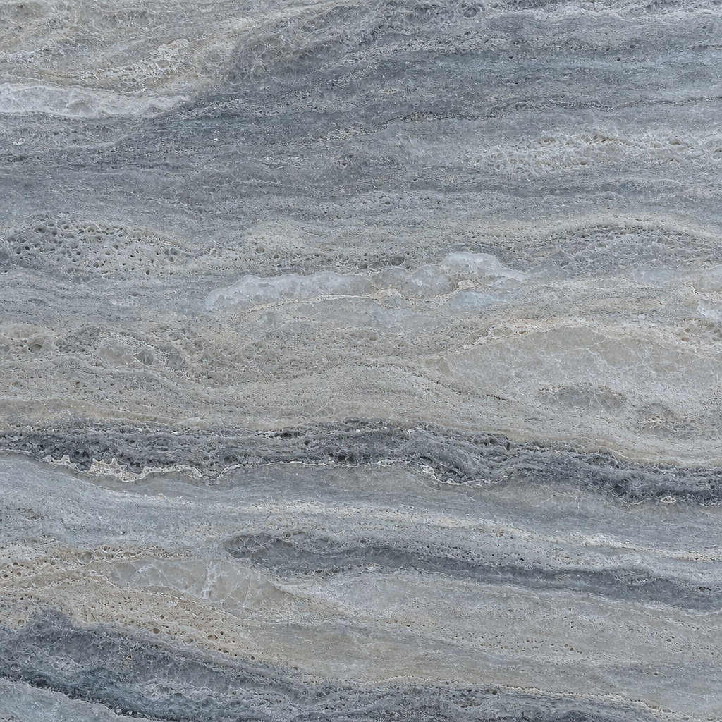 Cool silver travertine stone texture with soft layered mineral bands.